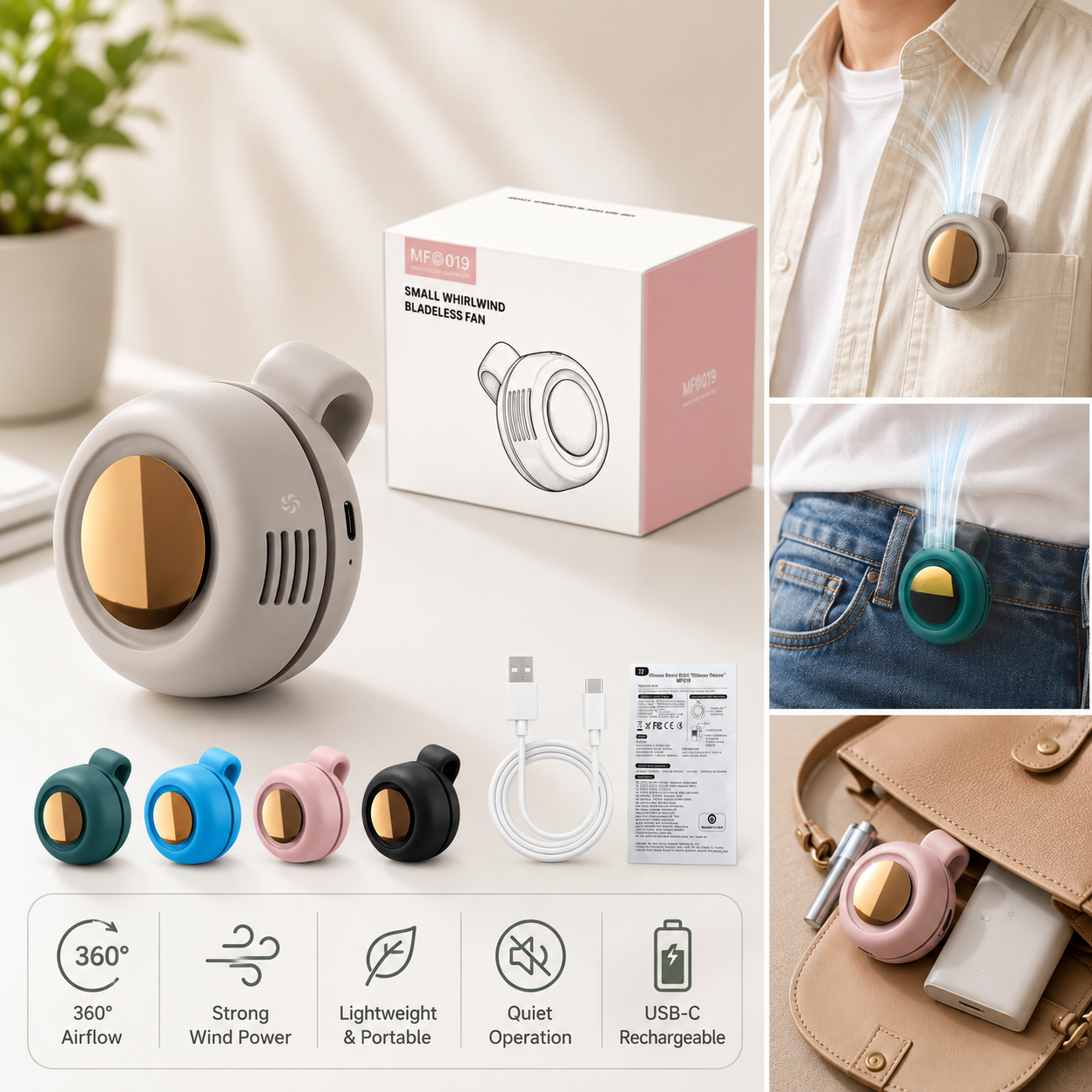 Mini ventilateur portable à clip porté sur la poitrine